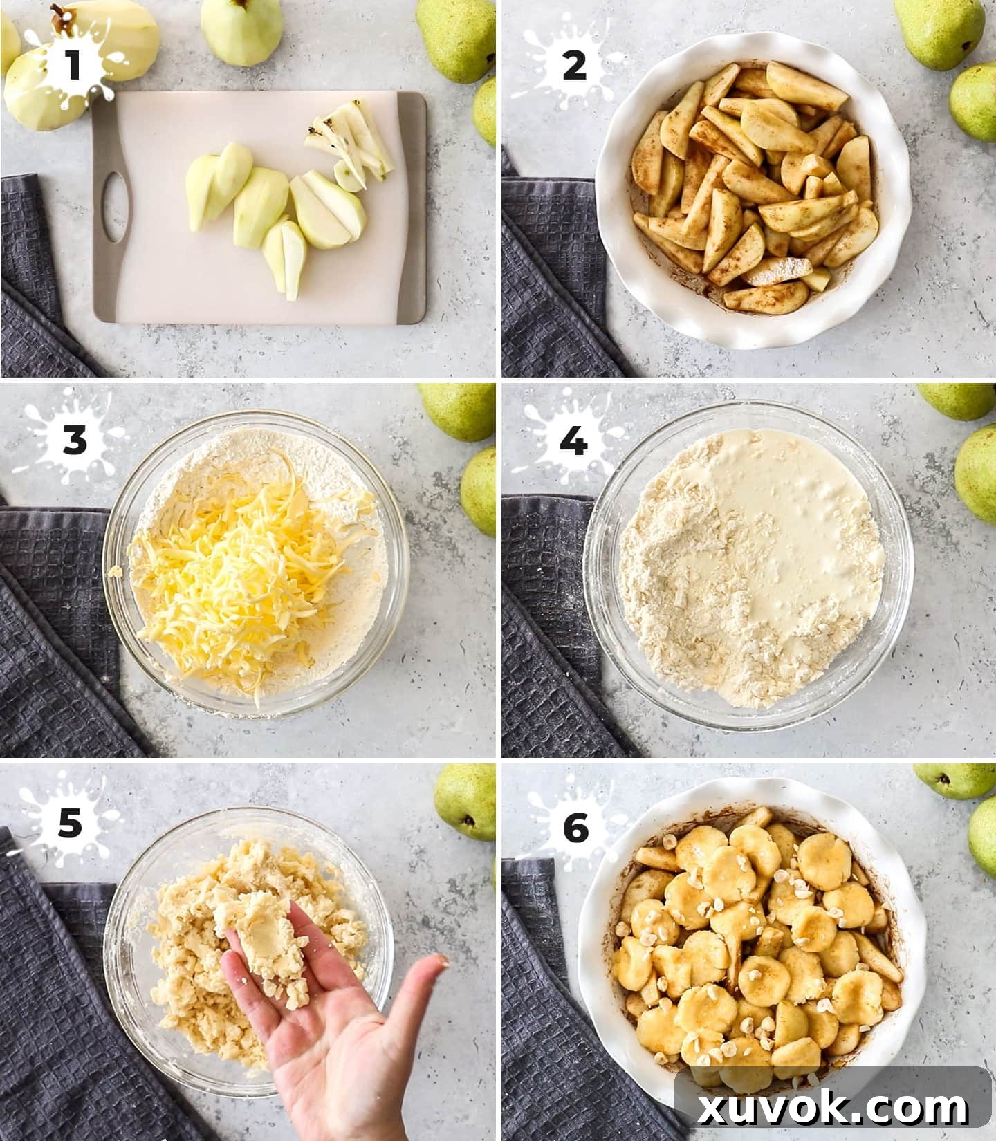 A collage of 6 images showing the step-by-step process of making pear cobbler, from preparing pears to adding the topping.