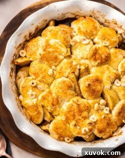 Top down view of pear cobbler topped with hazelnuts, in a pie dish.