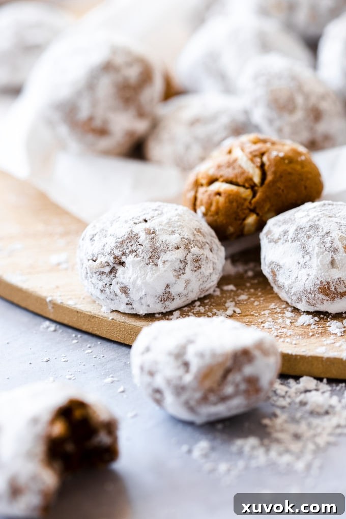 A close-up shot of a perfectly coated gingerbread snowball cookie with another uncoated cookie visible behind it, highlighting the contrast.