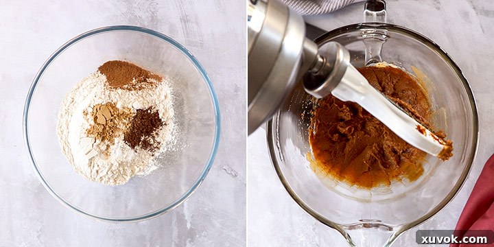 Two images side-by-side demonstrating the mixing process for gingerbread cookies: first, wet ingredients being creamed; second, dry ingredients being added.
