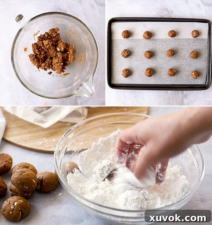 A collage of images illustrating the step-by-step process of making gingerbread snowball cookies, from dough preparation to baking and coating.