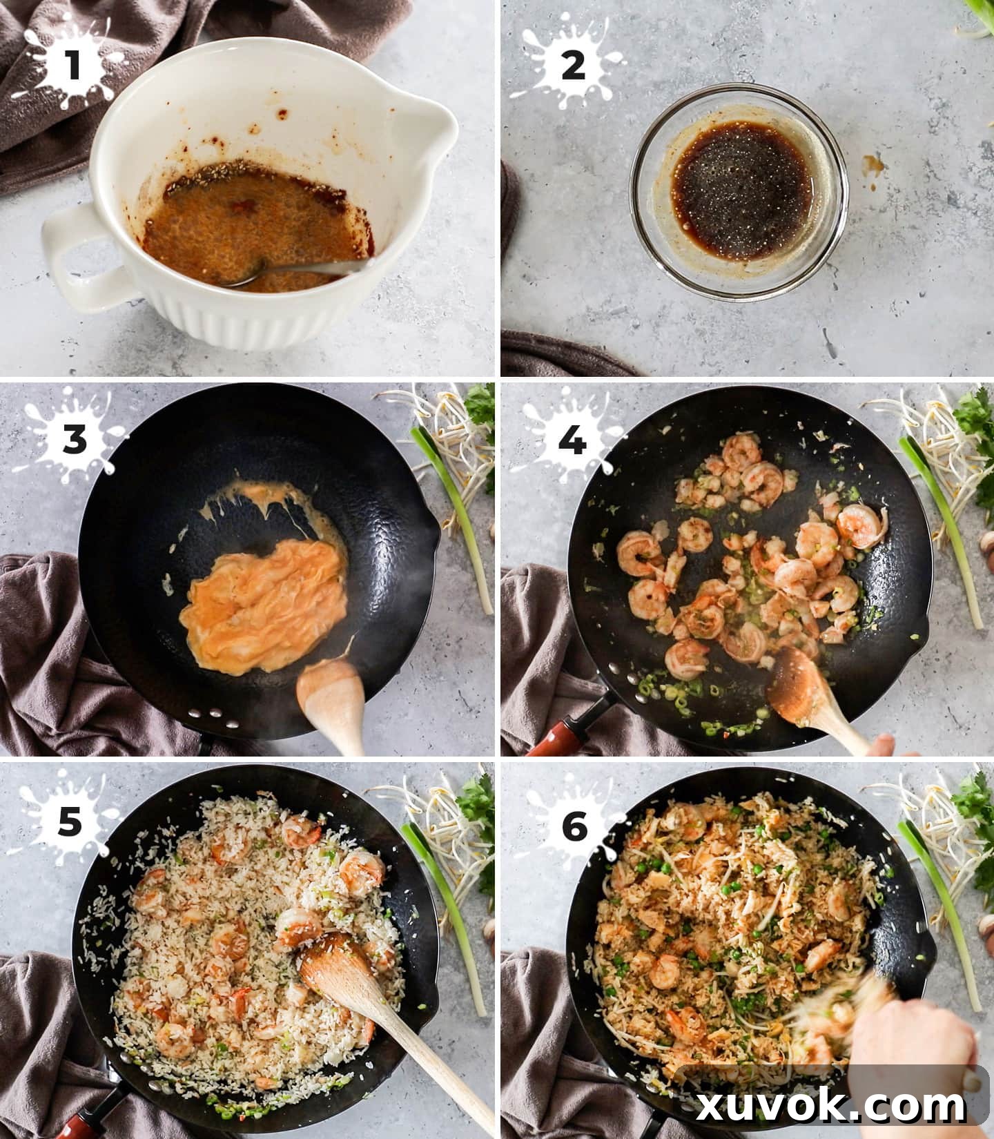 A collage of 6 images showing the step-by-step process of making prawn fried rice, from ingredient prep to final stir-fry.