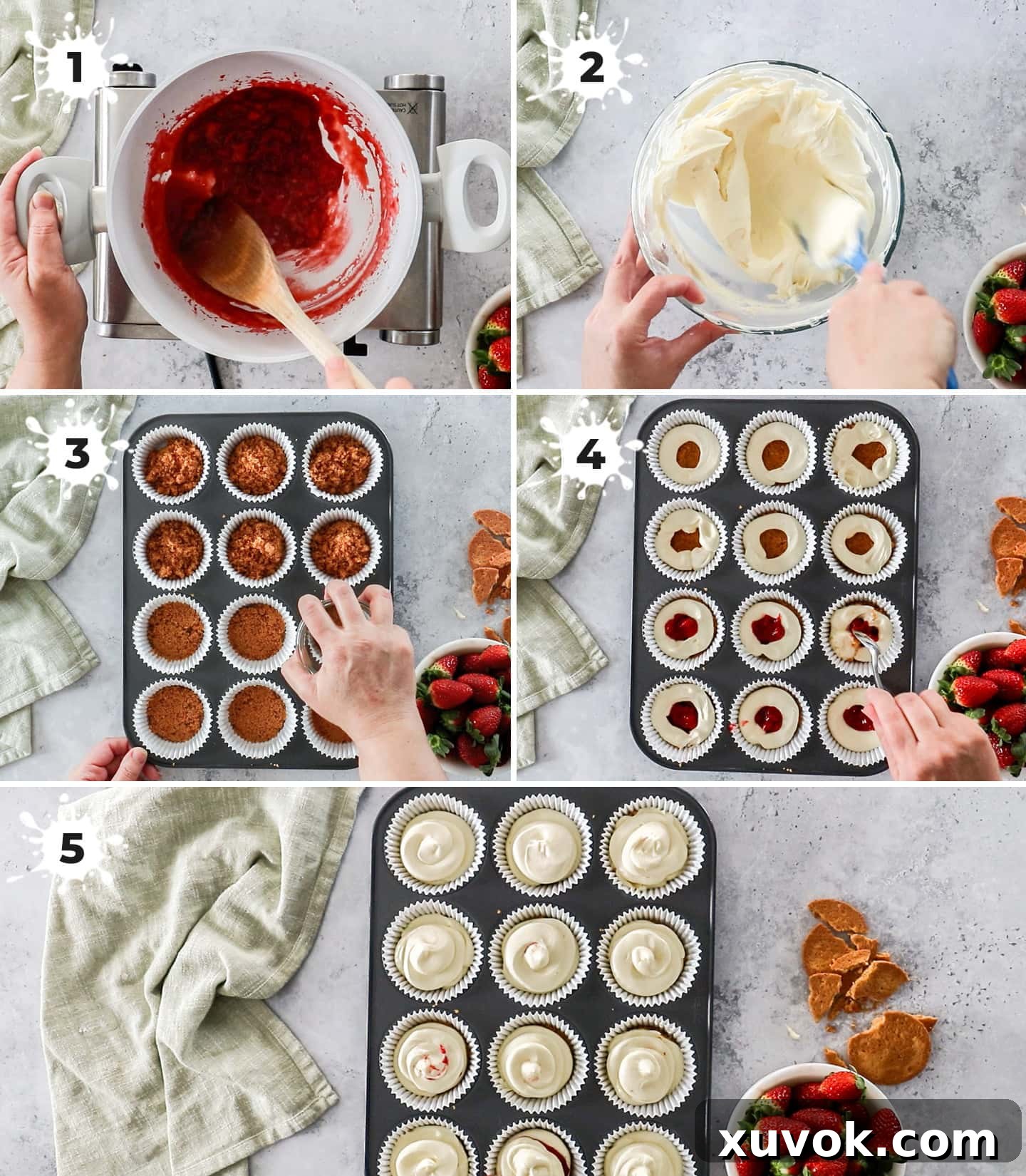 A visual guide showing 5 step-by-step images on how to make no-bake mini strawberry cheesecakes, from crust to filling.
