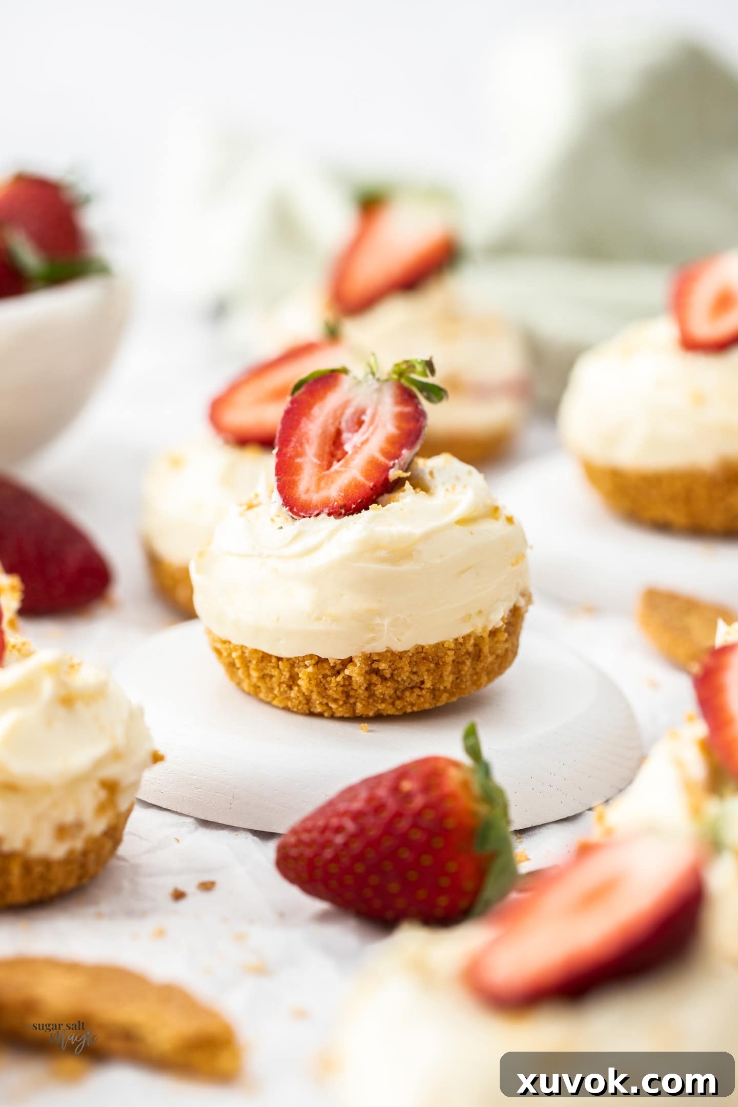 A single, beautifully plated no-bake mini strawberry cheesecake, topped with a fresh strawberry slice, on a small dessert plate.