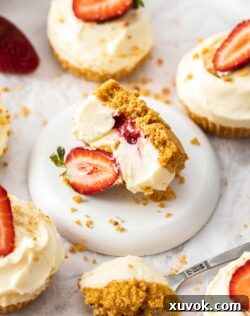A beautifully presented miniature strawberry cheesecake, ready to be enjoyed.