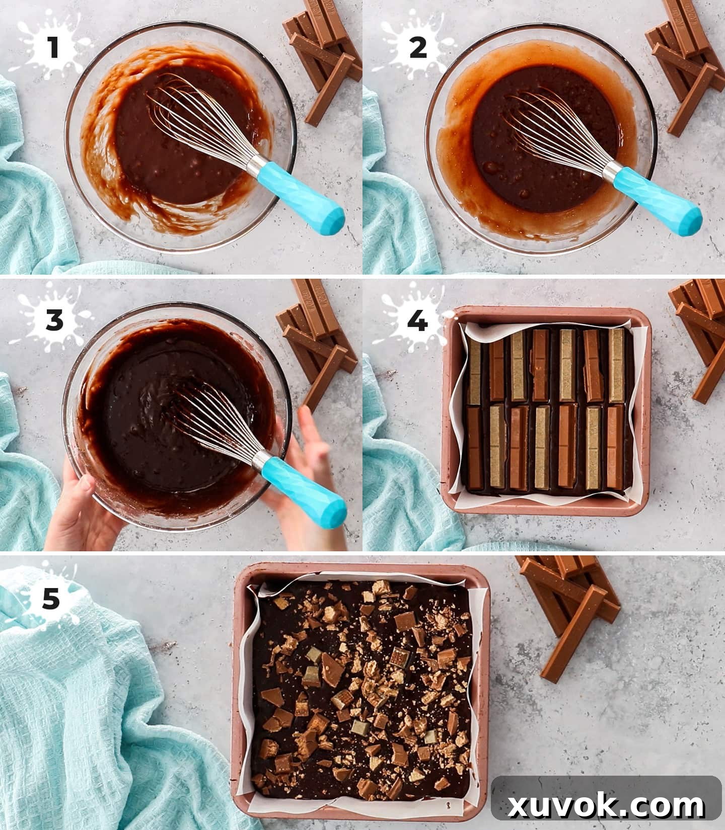 A visual guide showing a collage of 5 images detailing the step-by-step process of making Kit Kat brownies, from mixing to layering.