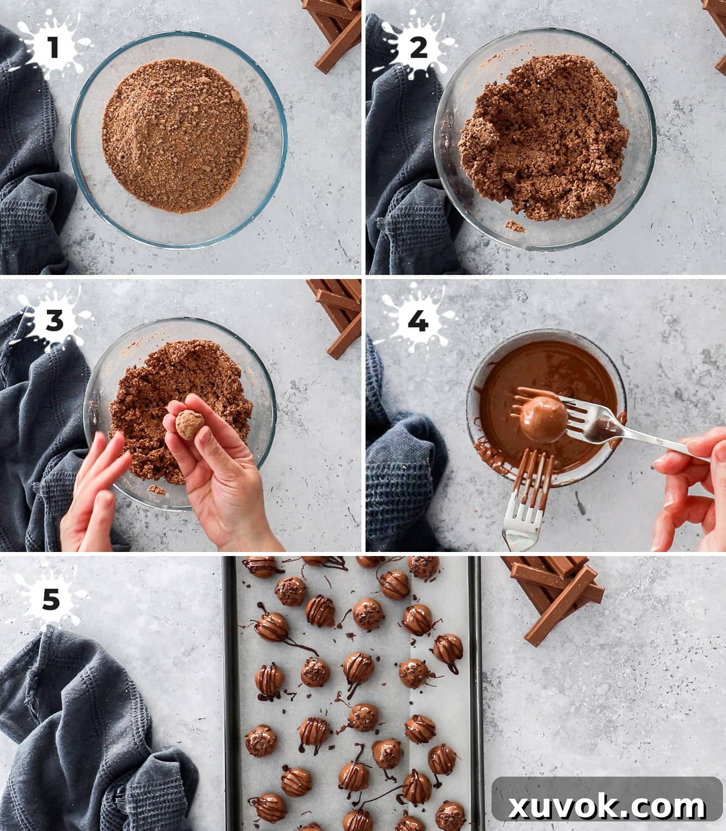 A collage of 5 images showing how to make Kit Kat Truffles.