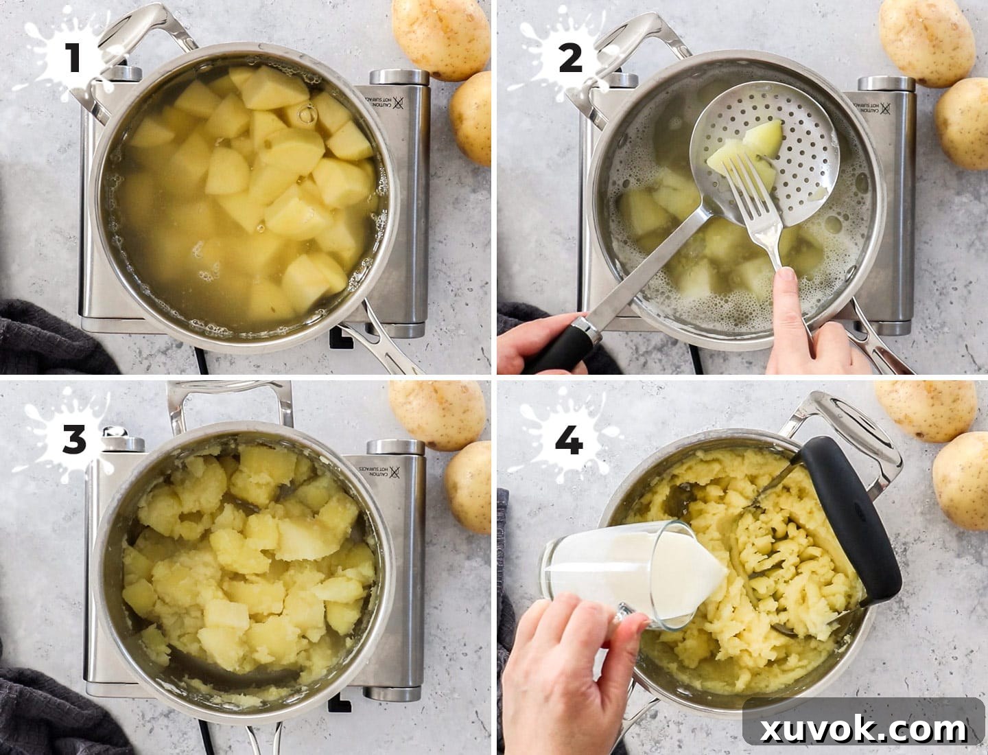 A collage of 4 images showing how to make mashed potatoes.