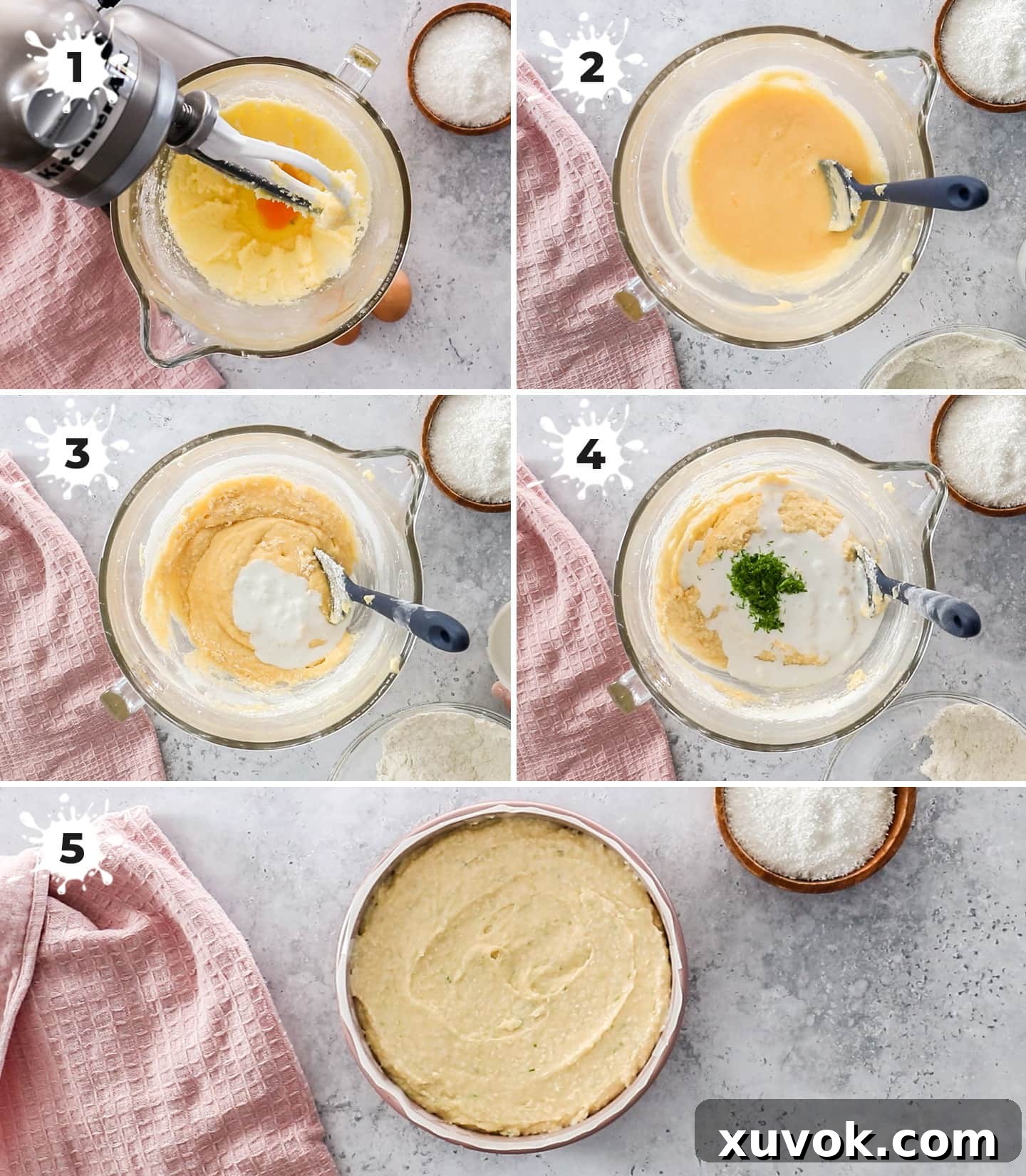 A five-image collage illustrating the step-by-step process of making lime and coconut cake, from mixing ingredients to batter in a pan.