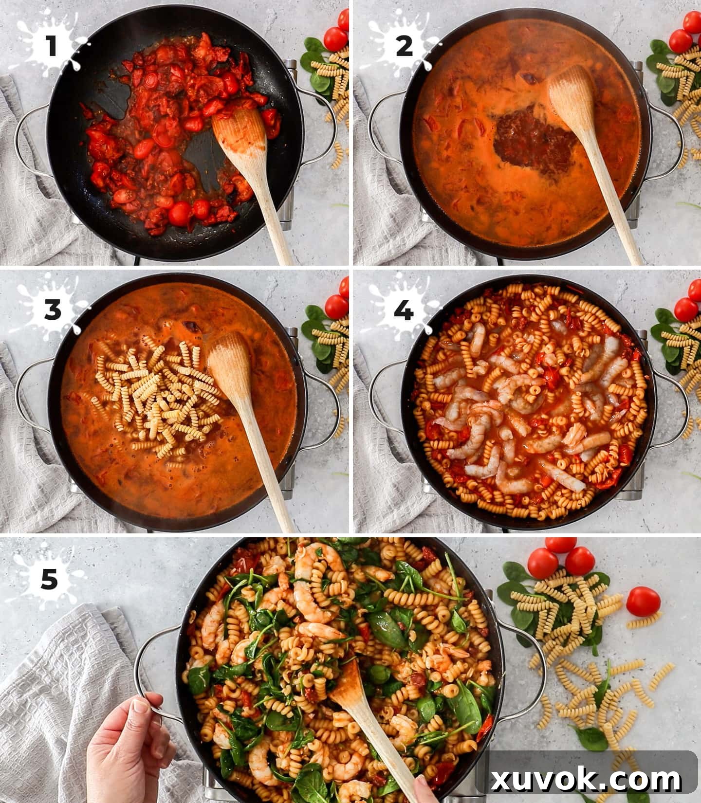 A visual collage illustrating the key steps to making prawn and chorizo pasta in a skillet.