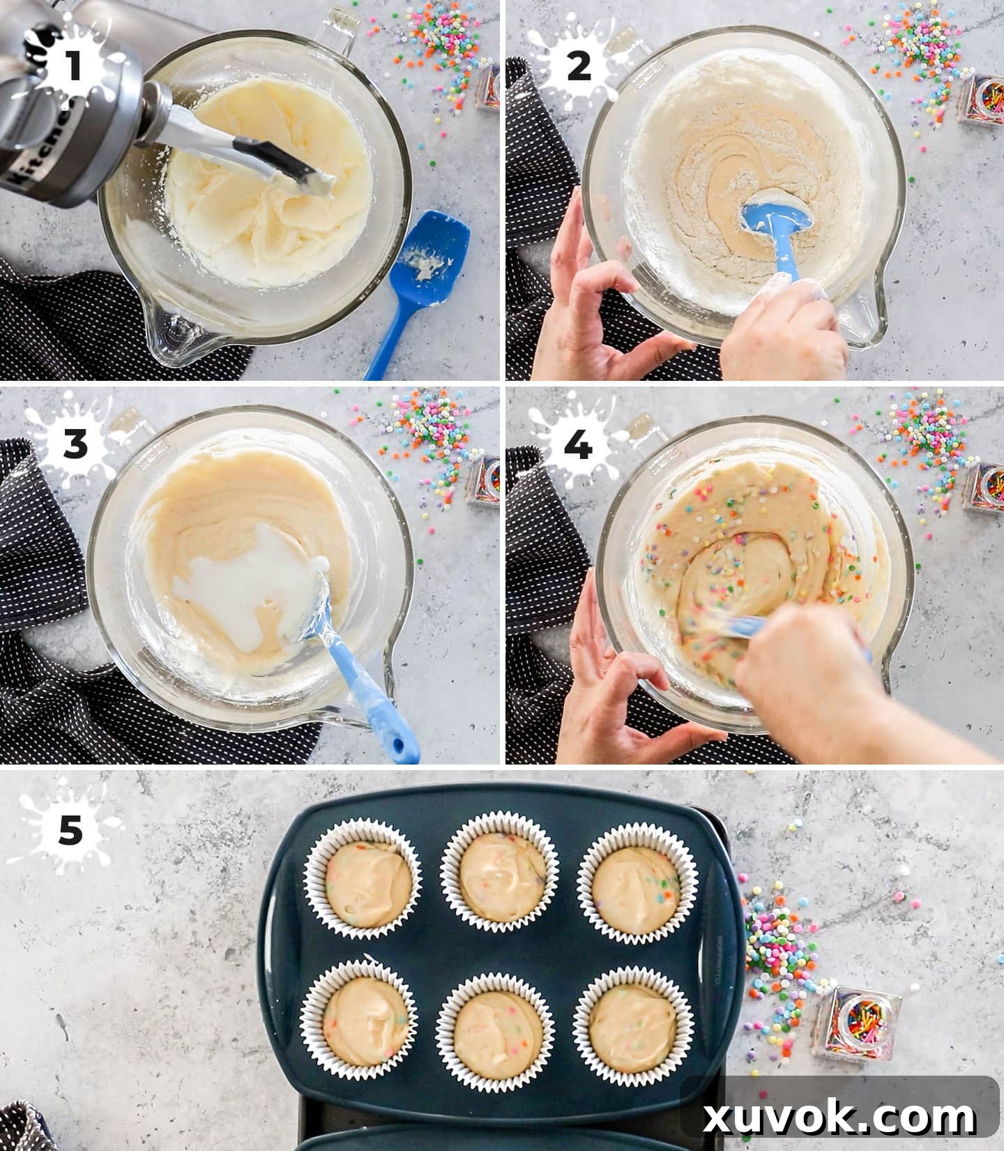 A collage of five images demonstrating the process of making confetti cupcakes, from mixing ingredients to adding sprinkles.