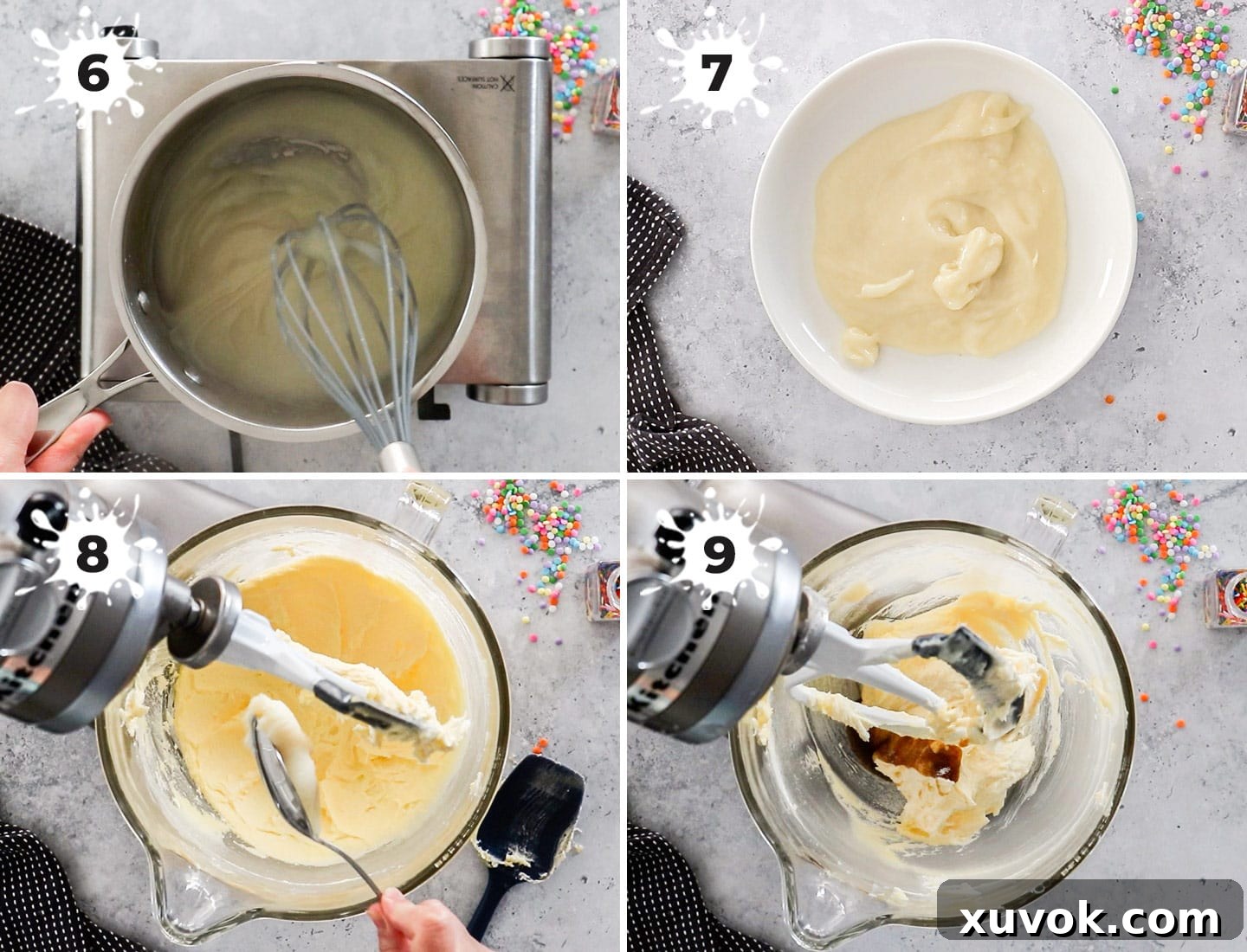 A collage of four images showing the process of making ermine buttercream, from cooking the flour paste to final whipping.