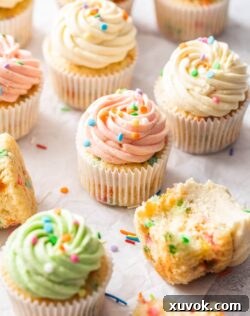 A vibrant pink buttercream topped confetti cupcake surrounded by more delicious treats.