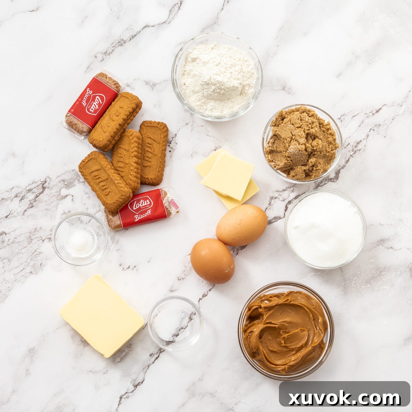 A flat lay photograph showcasing all the ingredients for Biscoff blondies neatly arranged on a white marble surface, including Biscoff cookies, Biscoff spread, butter, sugars, and eggs.