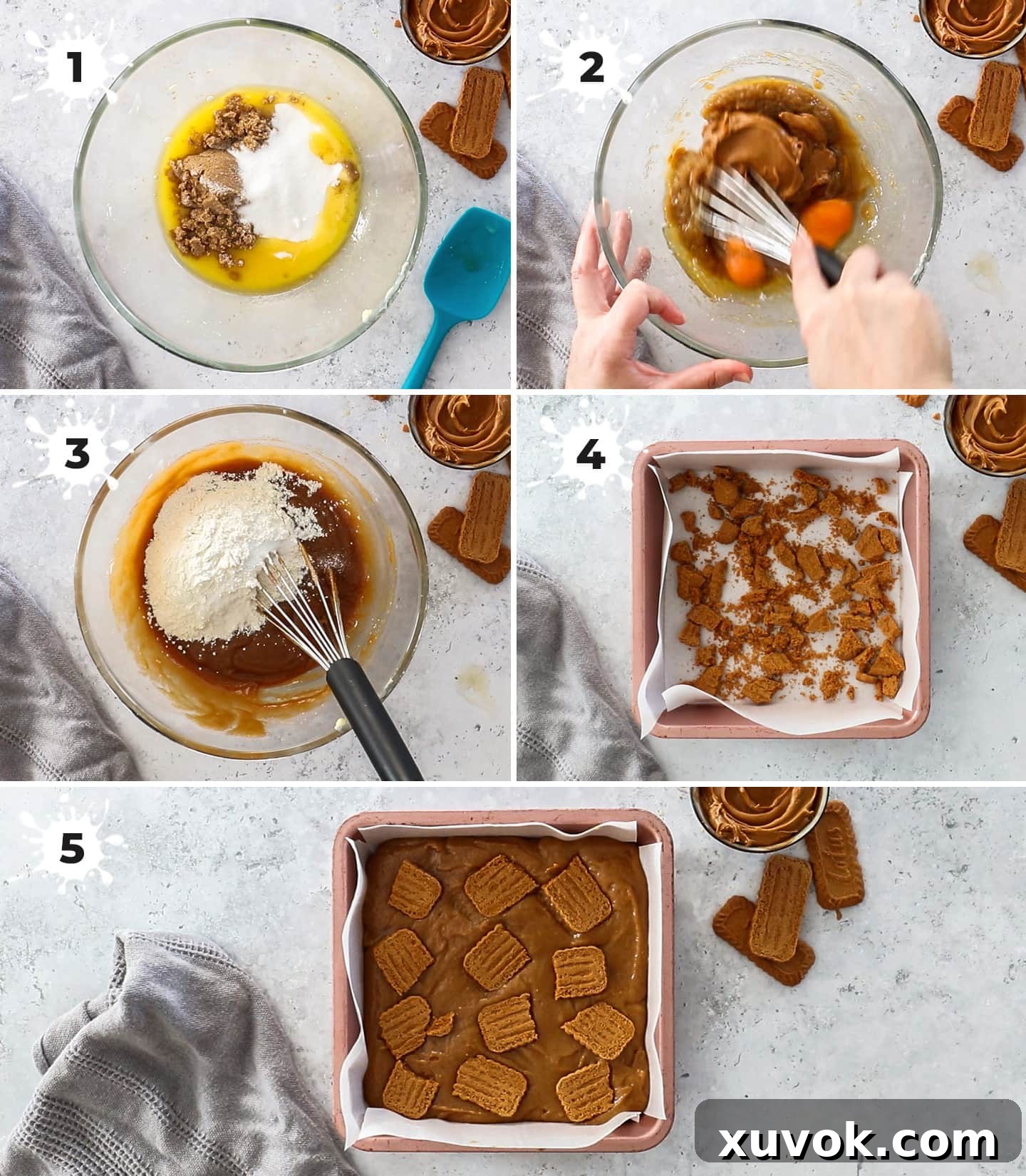 A visual step-by-step collage demonstrating the process of making Biscoff blondies, including melting butter, mixing ingredients, adding Biscoff spread, and arranging cookies in the baking pan.