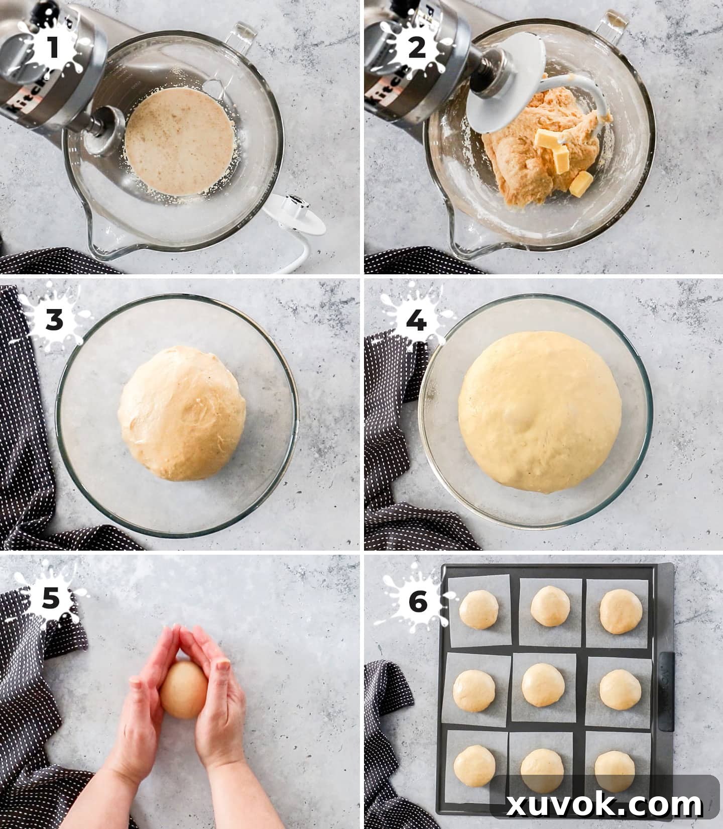 A visual step-by-step collage demonstrating the process of making Bavarian donut dough, from yeast activation to the final smooth, rested dough, ready for overnight proofing.