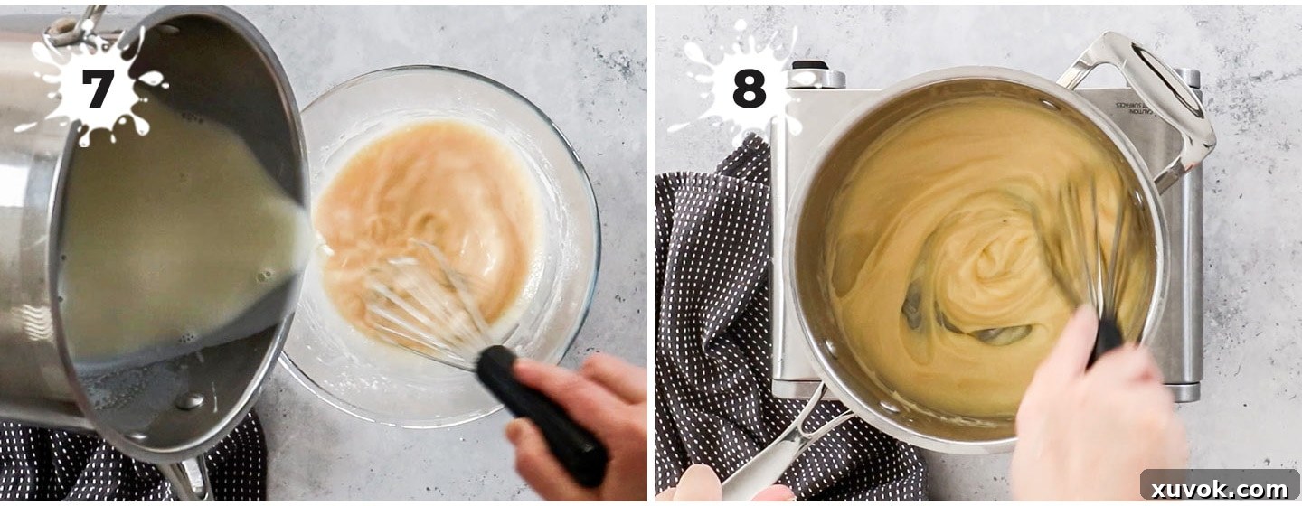 A two-image collage demonstrating the process of making Bavarian cream filling, showing the hot milk mixture being tempered into egg yolks and cornstarch, and then the custard thickening in a saucepan.