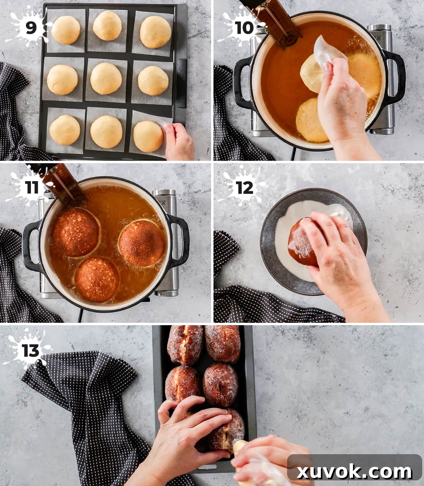 A collage of 6 images showing the process of frying and filling Bavarian cream donuts, from proofed dough to golden perfection, sugaring, and finally piping in the vanilla cream.