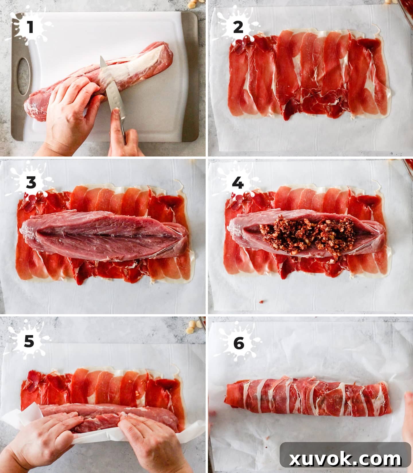 A collage of 6 images illustrating the process of preparing and stuffing a pork tenderloin, from laying prosciutto to rolling and readying for the oven.