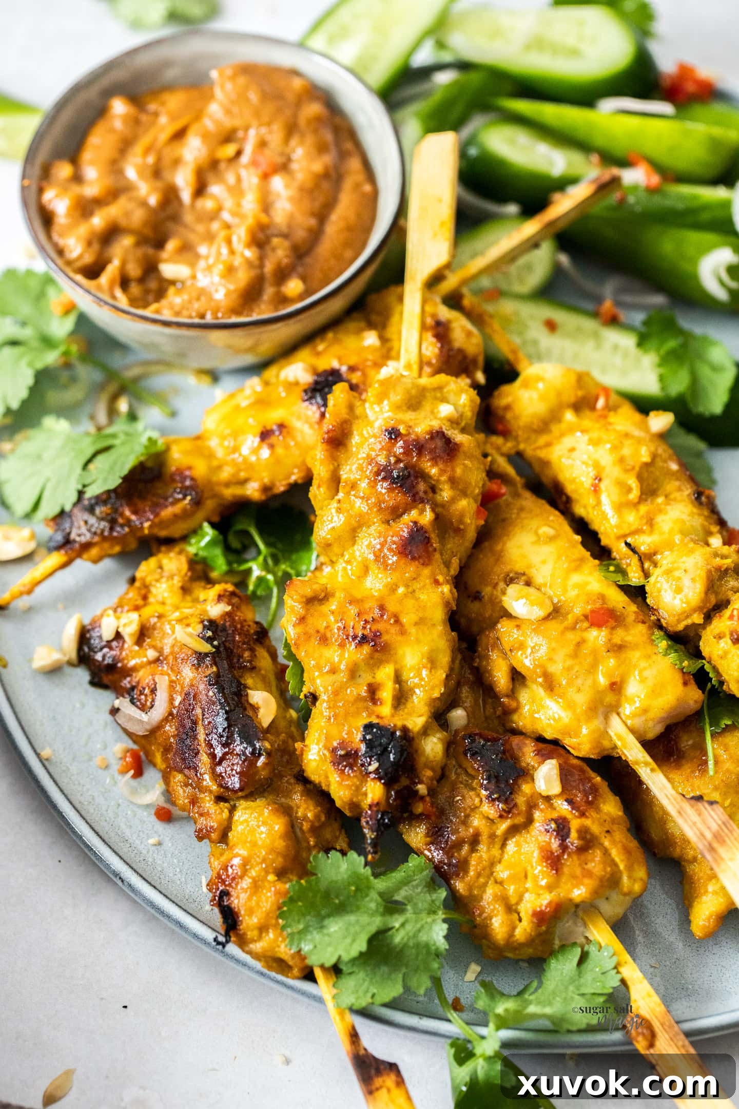 Seven beautifully grilled chicken satay skewers arranged on a bamboo mat, ready to be served.