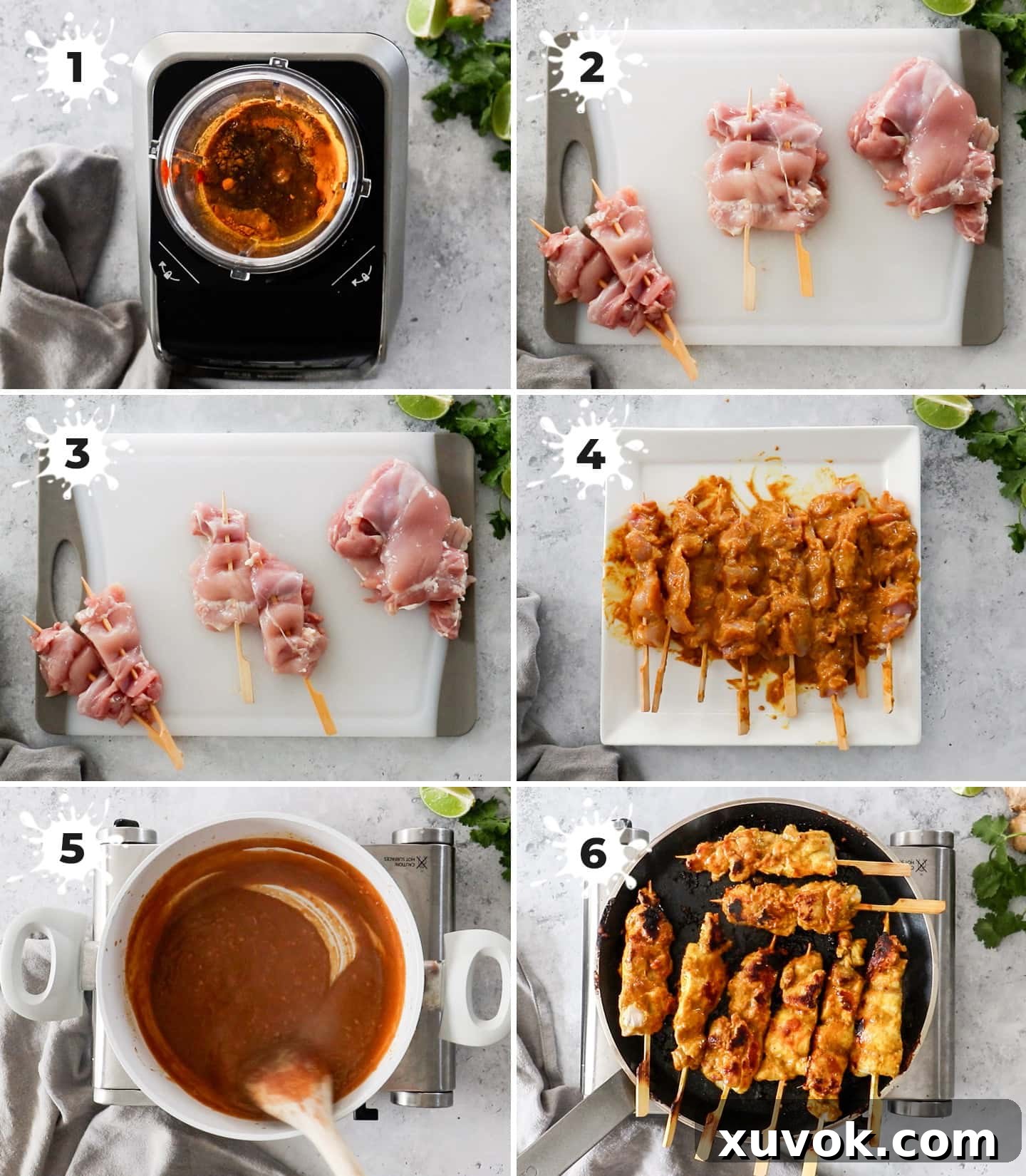 A six-image collage illustrating the step-by-step process of preparing delicious Thai chicken satay, from marinating to grilling.