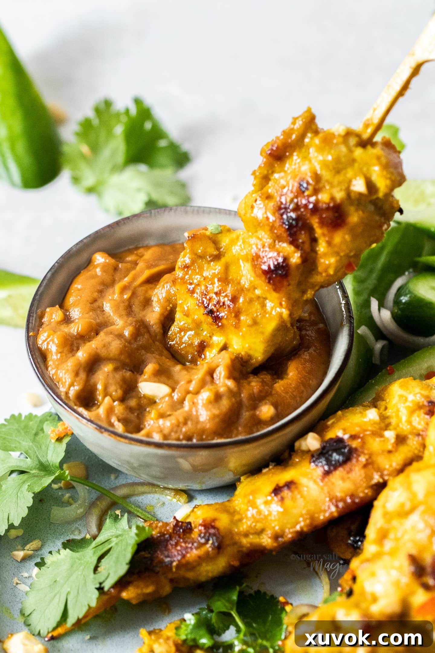 A close-up shot of a grilled chicken satay skewer being dipped into a rich, creamy peanut sauce.