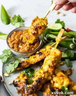 A skewer of chicken satay being dipped into a luscious peanut sauce, highlighting its delicious appeal.