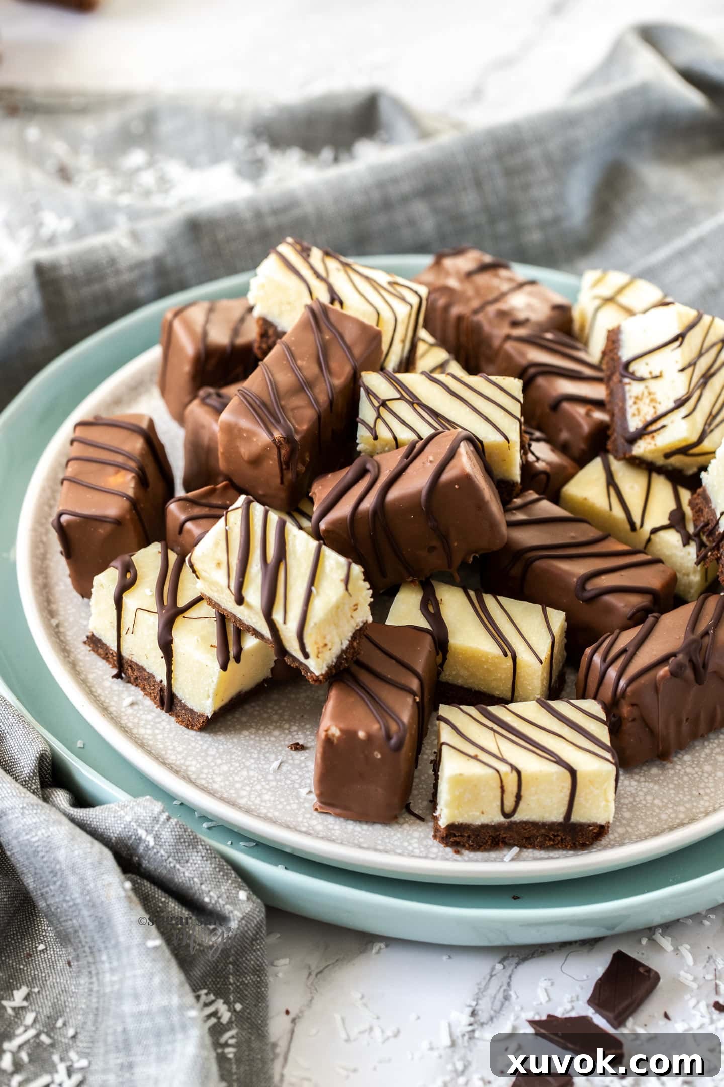 A beautifully arranged plate filled with square pieces of coconut fudge bars, some dipped in chocolate and some showing their layers.