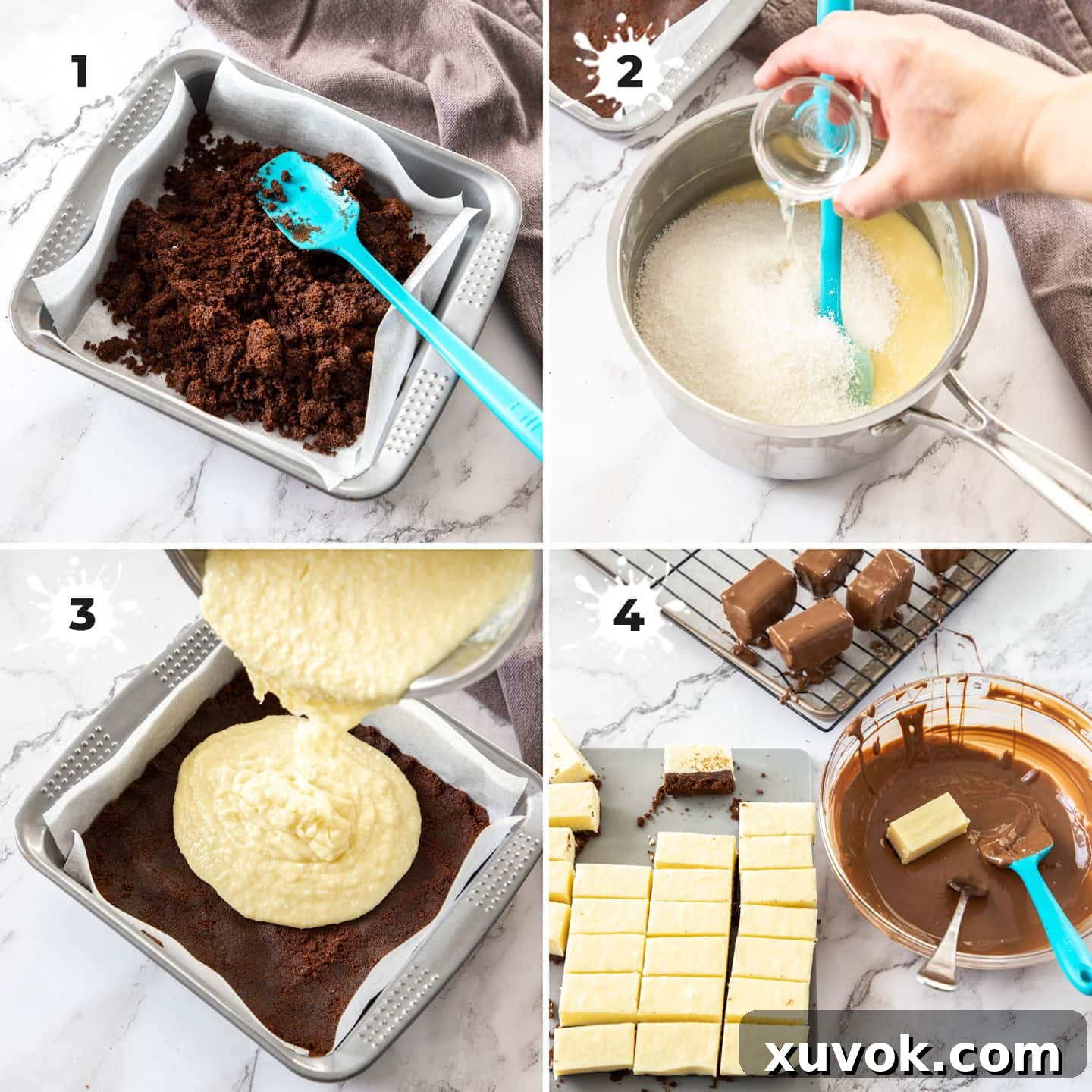 A collage of four images illustrating the process of making coconut fudge bars, from mixing ingredients to the final setting.