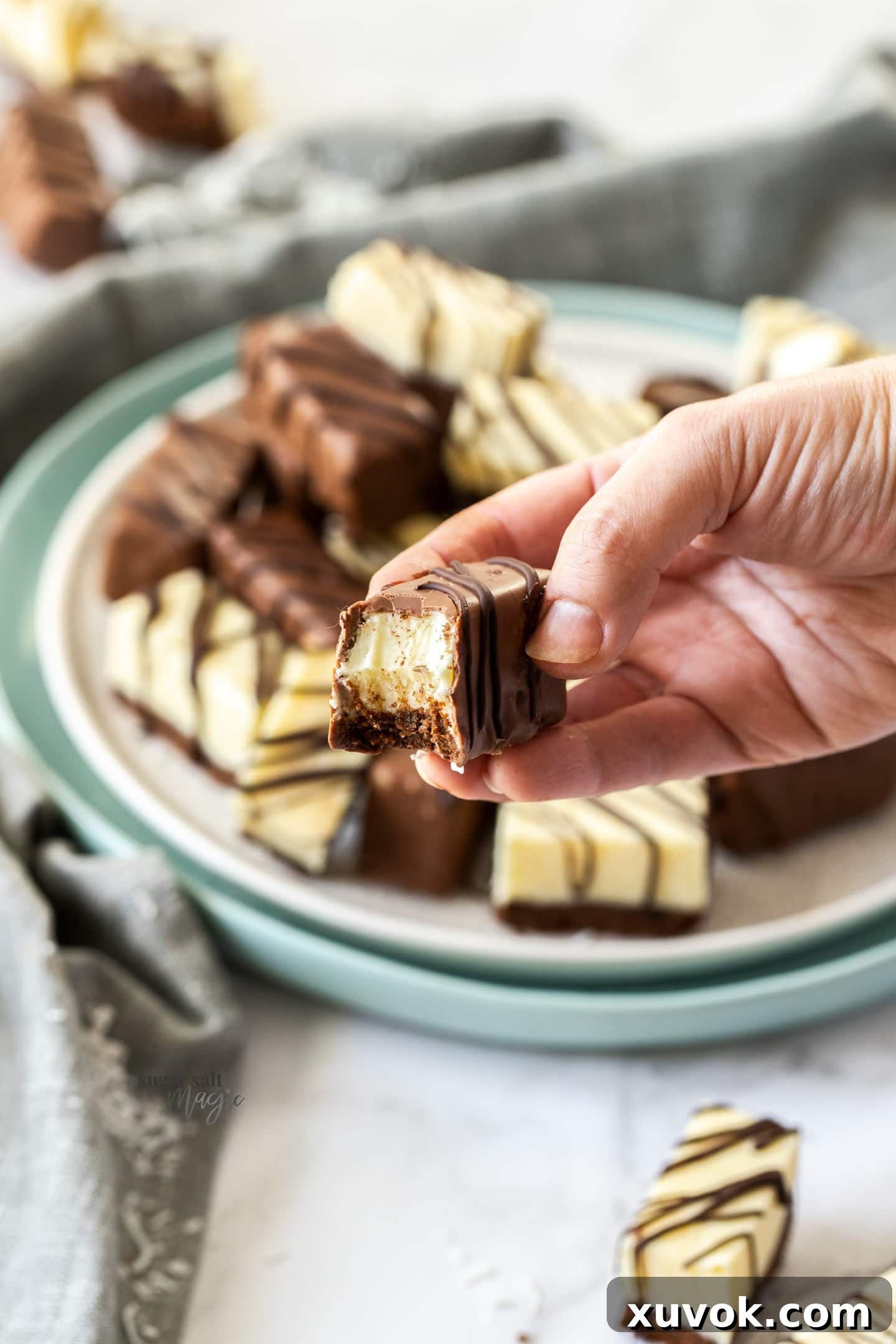 A hand holding a piece of peppermint coconut fudge bar with a bite taken out, showing the layers.