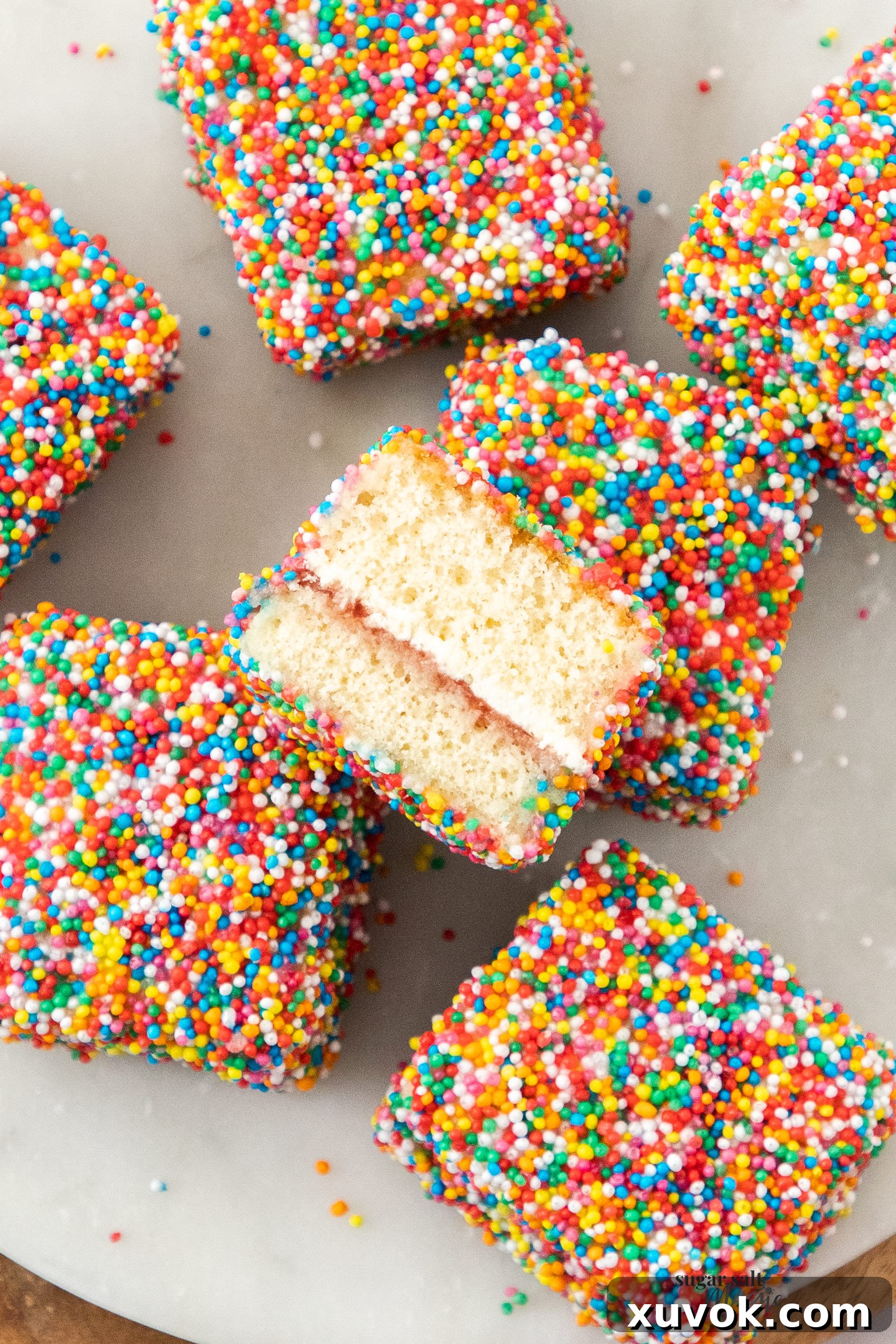 Top down view of a cut open lamington, revealing the jam and cream filling.