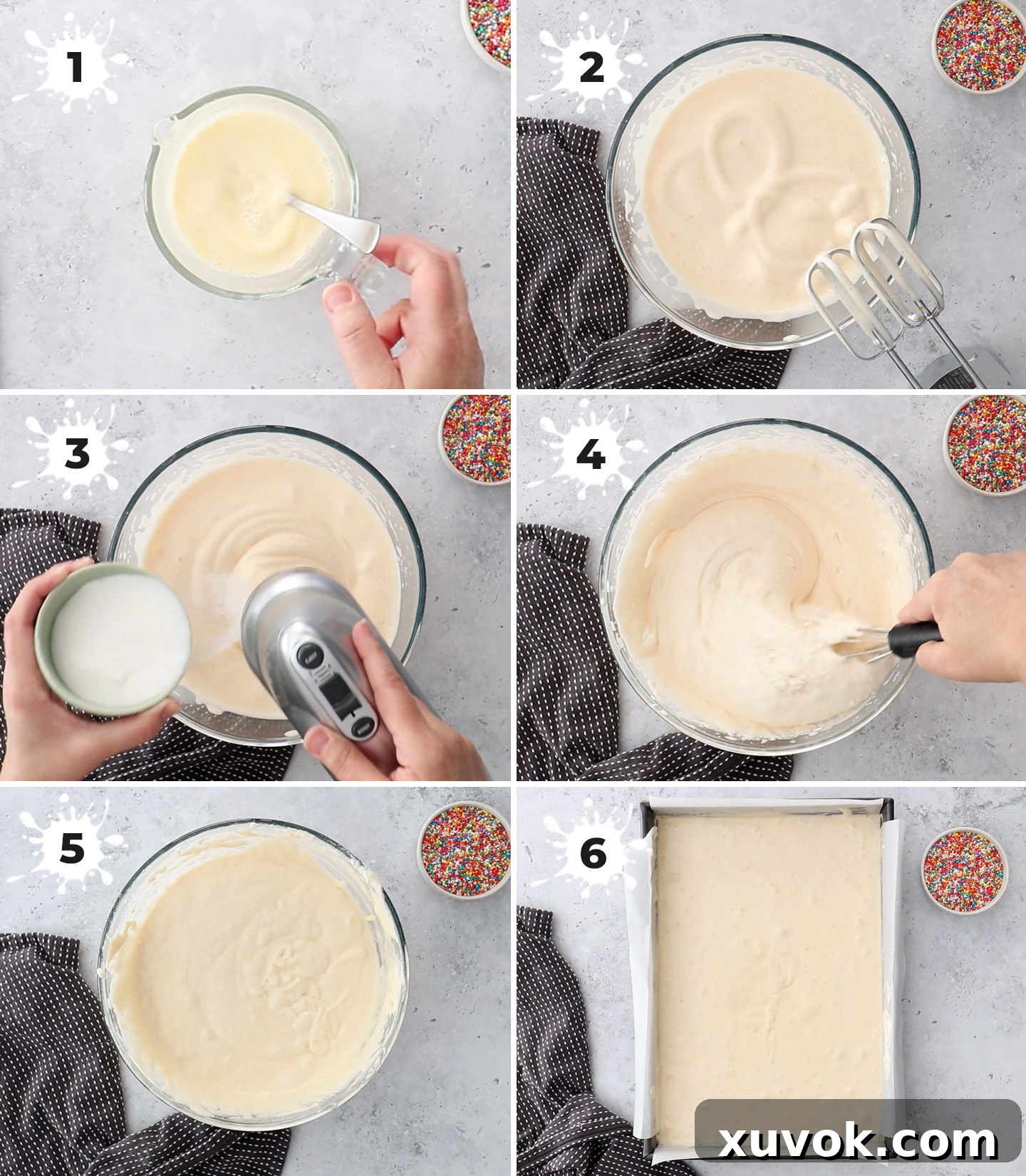 A collage showing how to prepare the sponge cake batter for lamingtons, including beating eggs, folding in dry ingredients, and mixing wet ingredients.
