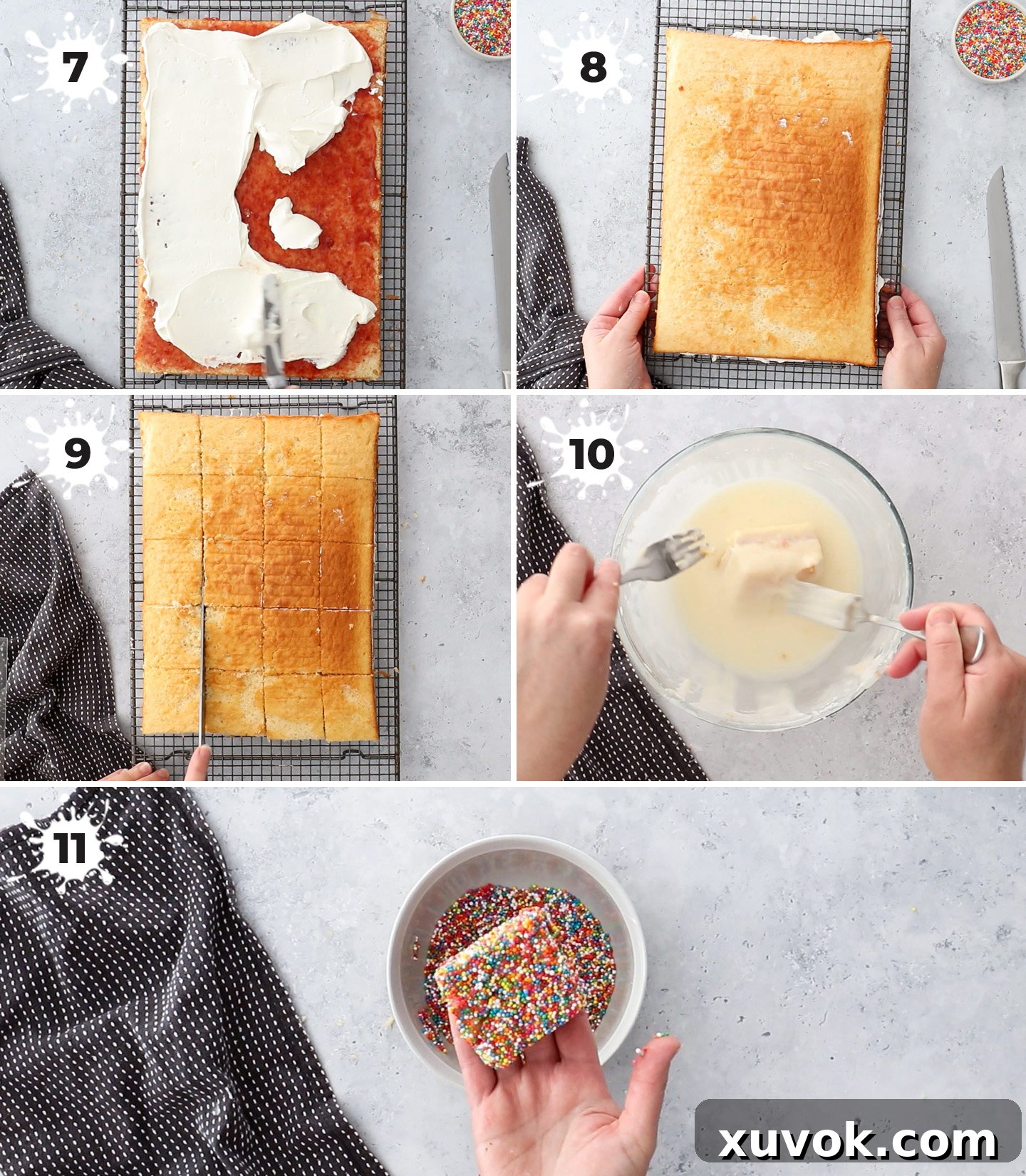 A collage showing how to fill, slice, and assemble the fairy bread lamingtons.