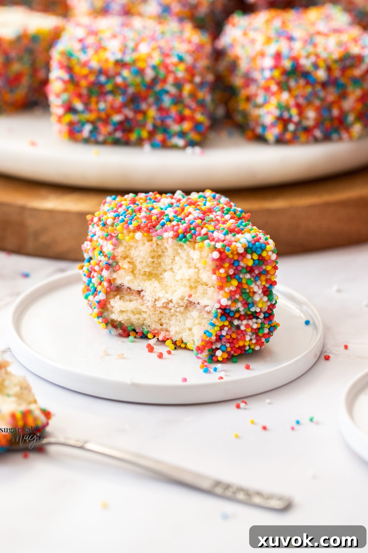 A fairy bread lamington on a small dessert plate with a chunk cut out, showing the layered interior.