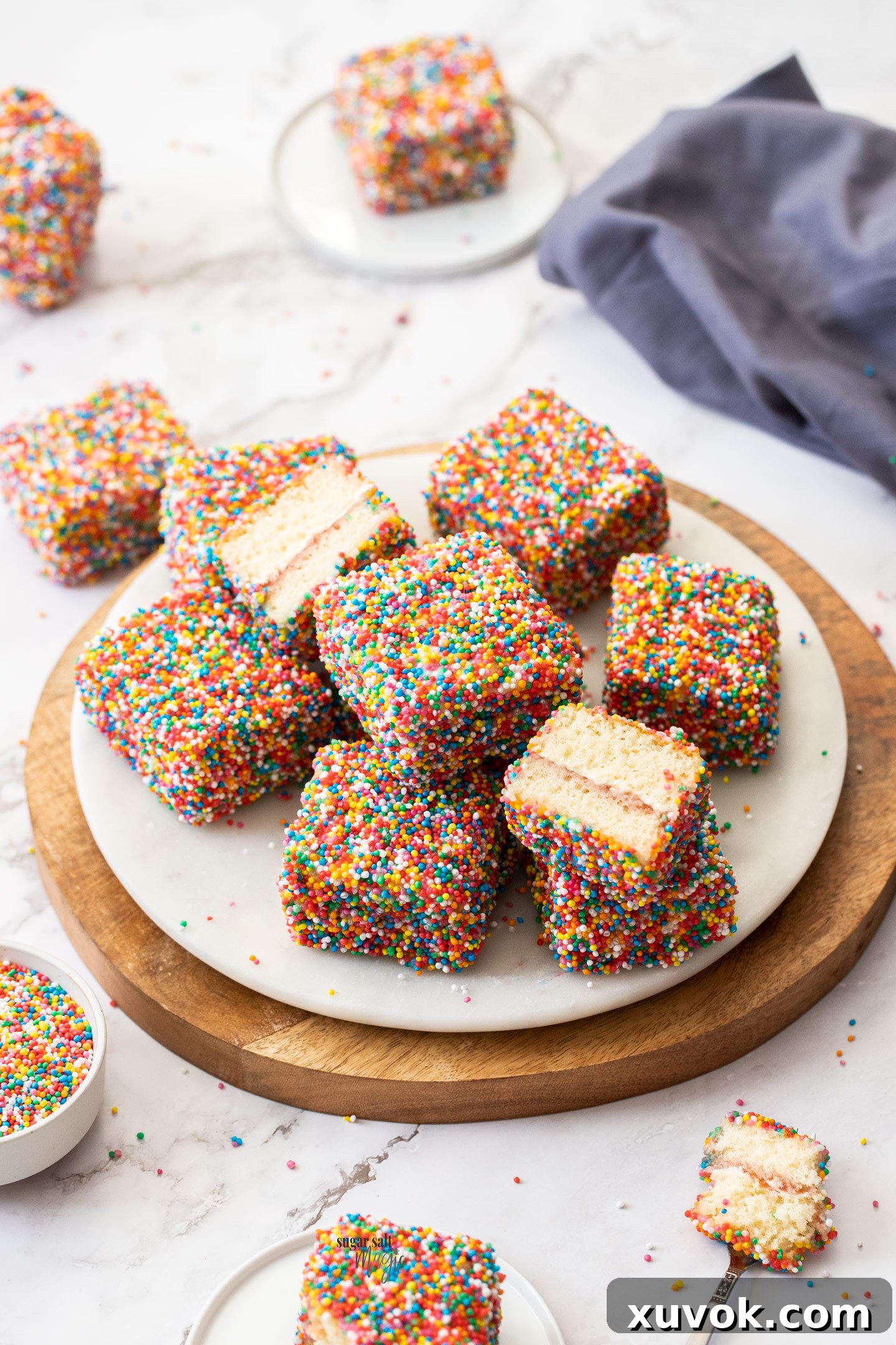 A batch of colorful fairy bread lamingtons neatly arranged on a marble serving platter.