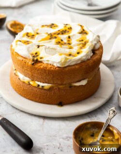 Passionfruit sponge cake sitting on a marble cake plate, ready to be served.