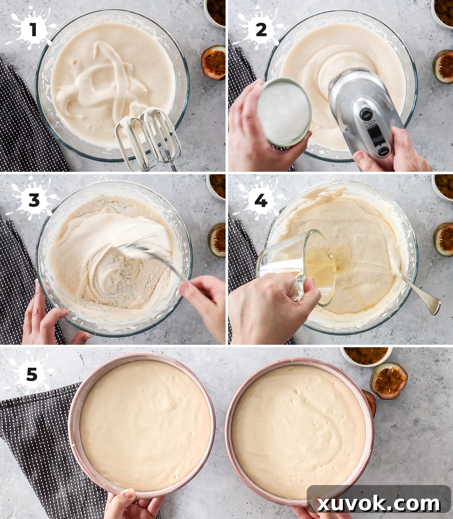 A collage showing how to make the sponge batter, step-by-step visuals.