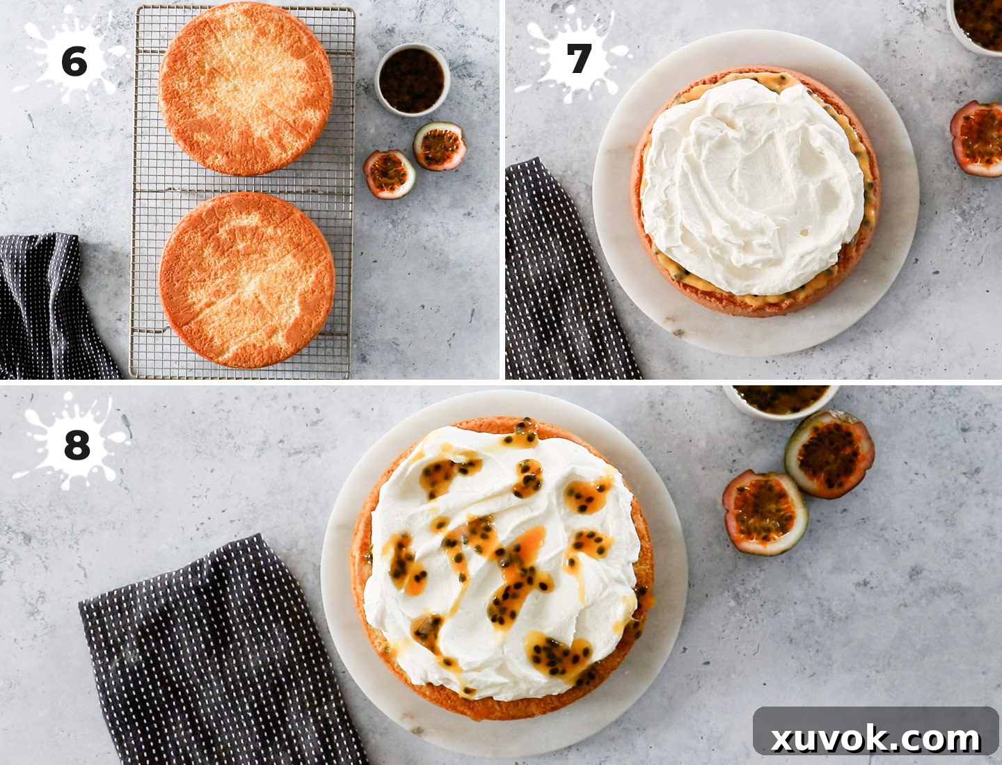 A collage showing how to assemble the passionfruit sponge cake, step-by-step visuals.