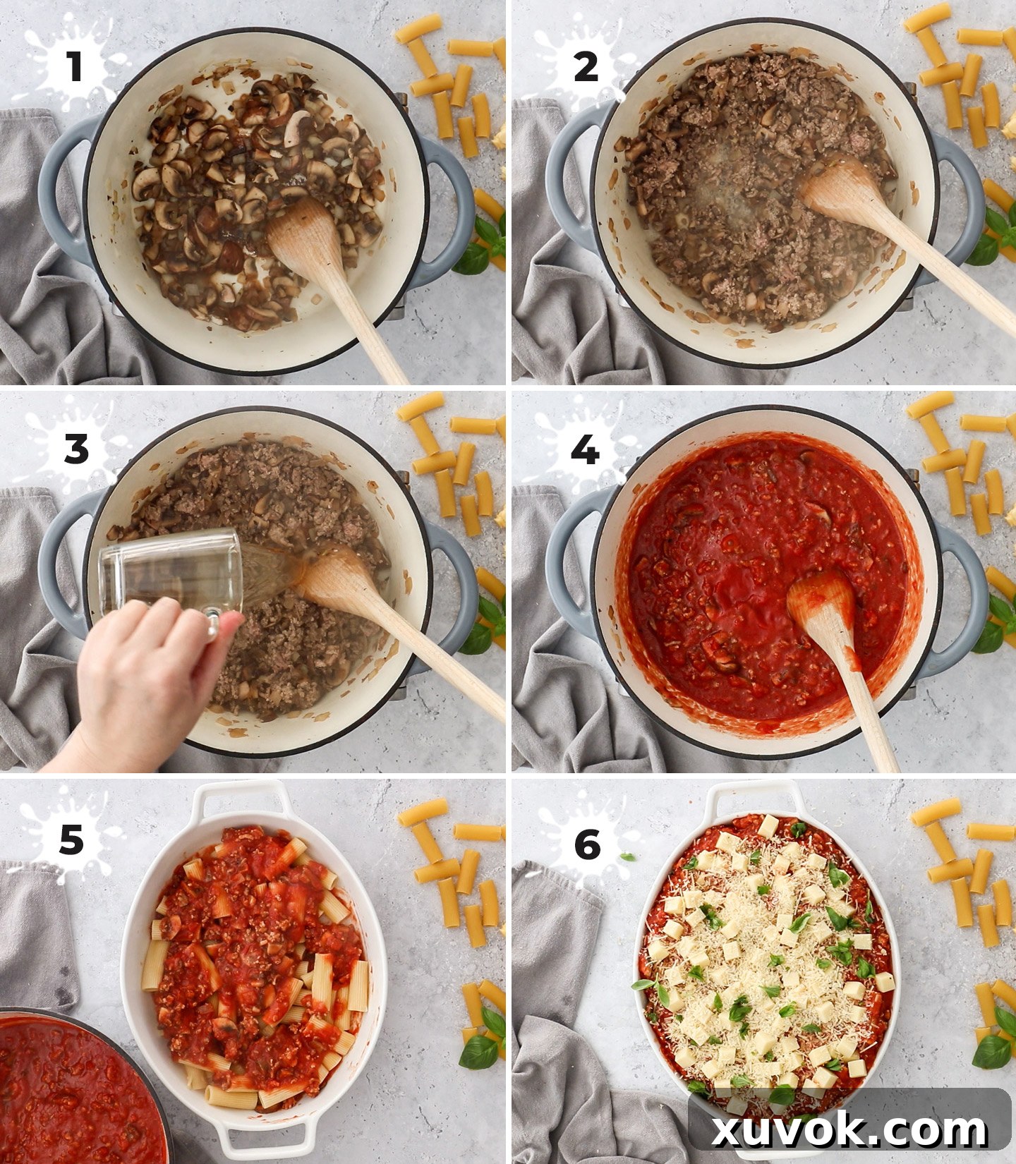 A collage of four images showing the step-by-step process of making rigatoni al forno: sautéing vegetables, browning meat, simmering sauce, and layering in a dish.