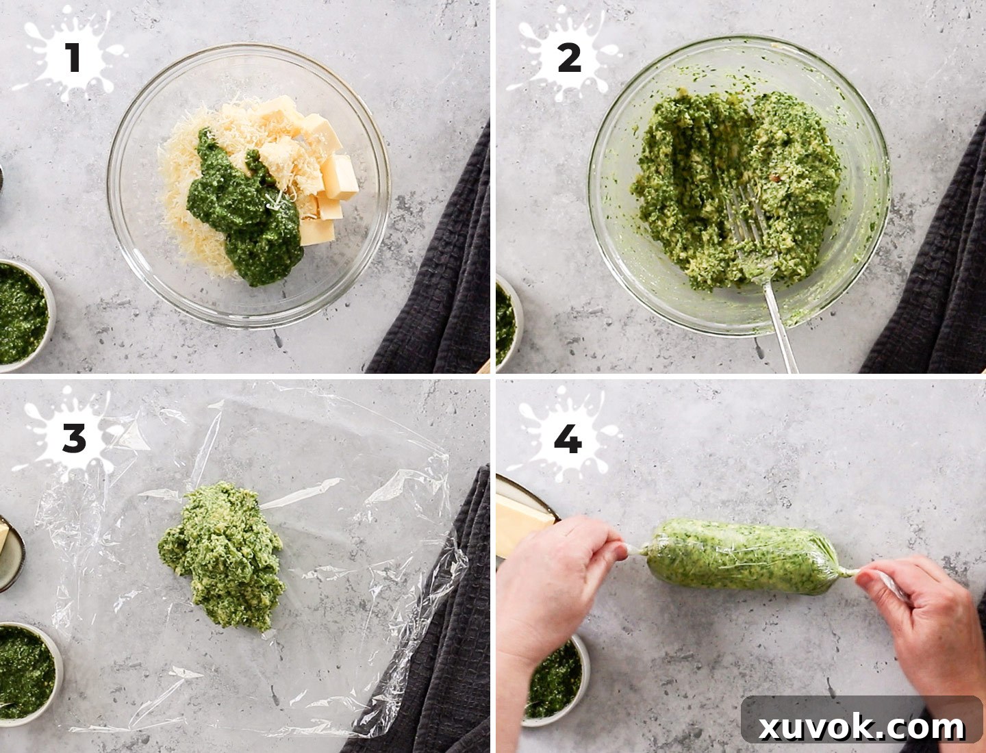 A visual collage showing the step-by-step process of making basil pesto butter: combining ingredients, mixing them thoroughly, shaping the butter into a log on plastic wrap, and twisting the ends to seal.