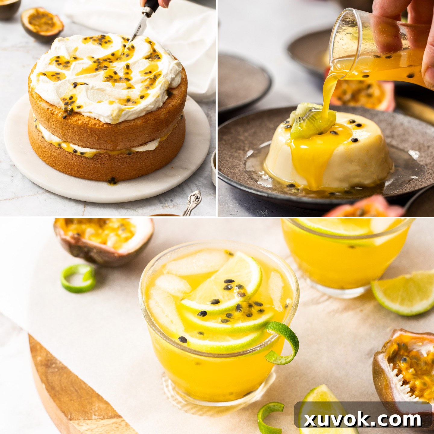 Collage with a cake, panna cotta and cocktail all with passionfruit syrup.