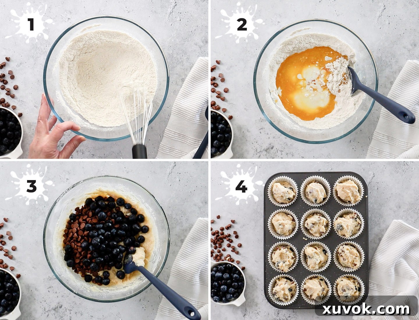 A collage showing how to make the blueberry chocolate chip muffins.