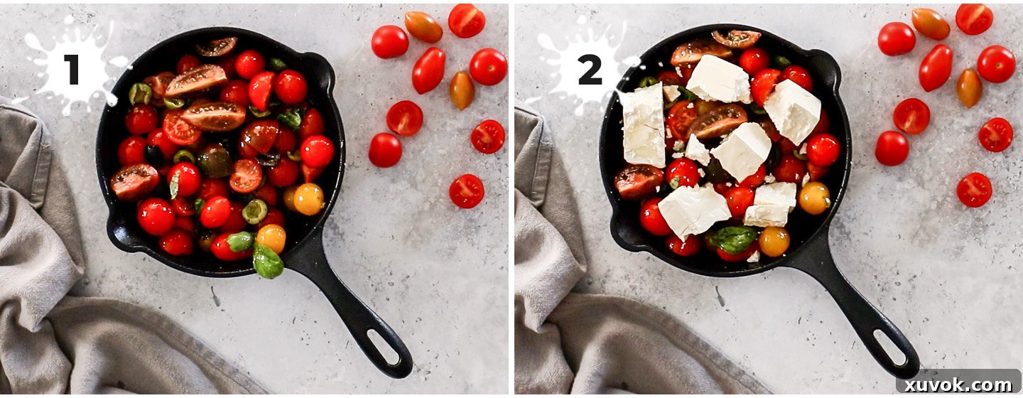 Two images demonstrating the preparation steps for roasted tomatoes and feta, showing the pre-baked arrangement.