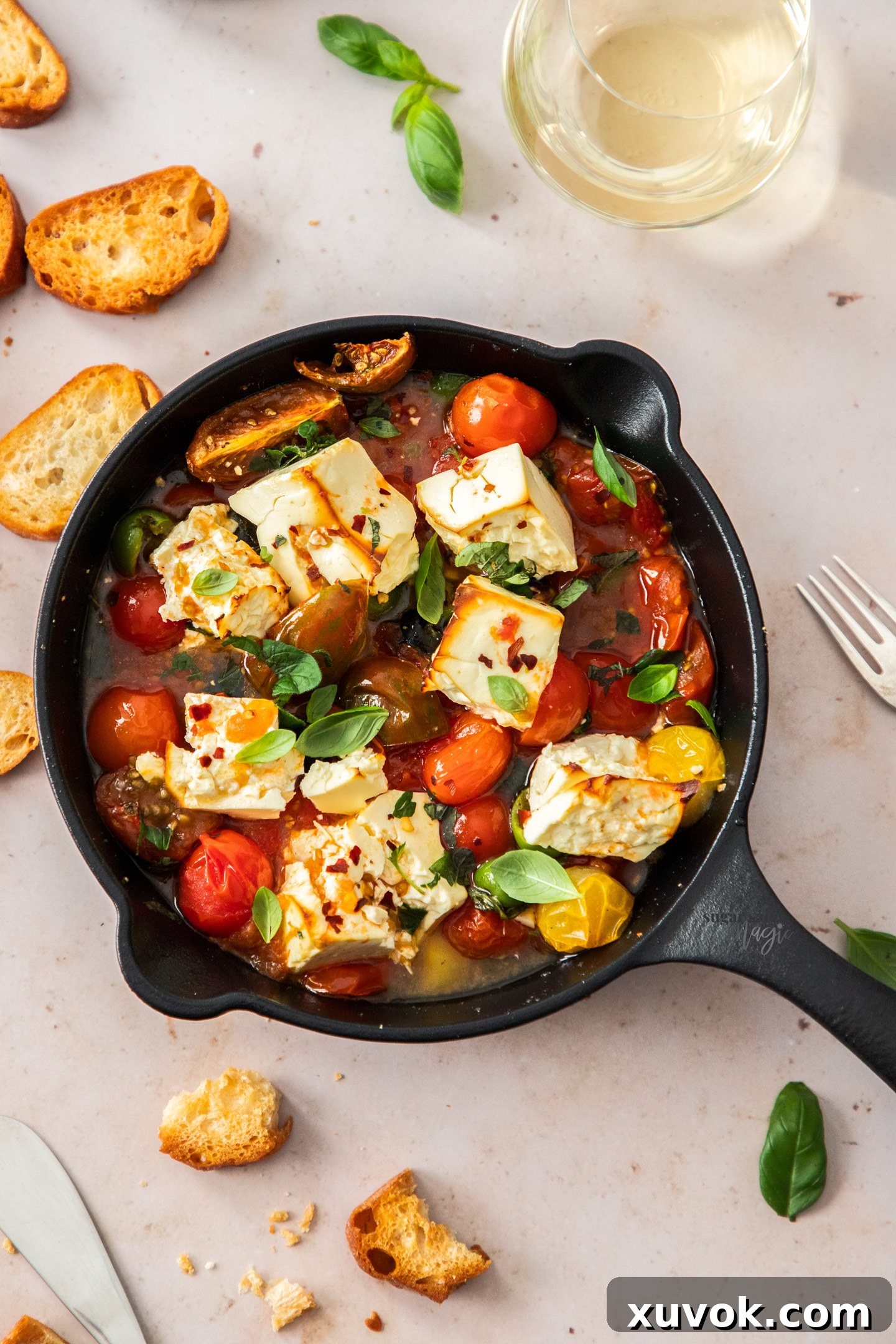 A small cast iron skillet filled with beautifully roasted tomatoes and creamy feta cheese, garnished with fresh basil.