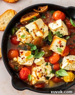 A cast iron skillet filled with golden baked feta and roasted tomatoes, ready to be served.