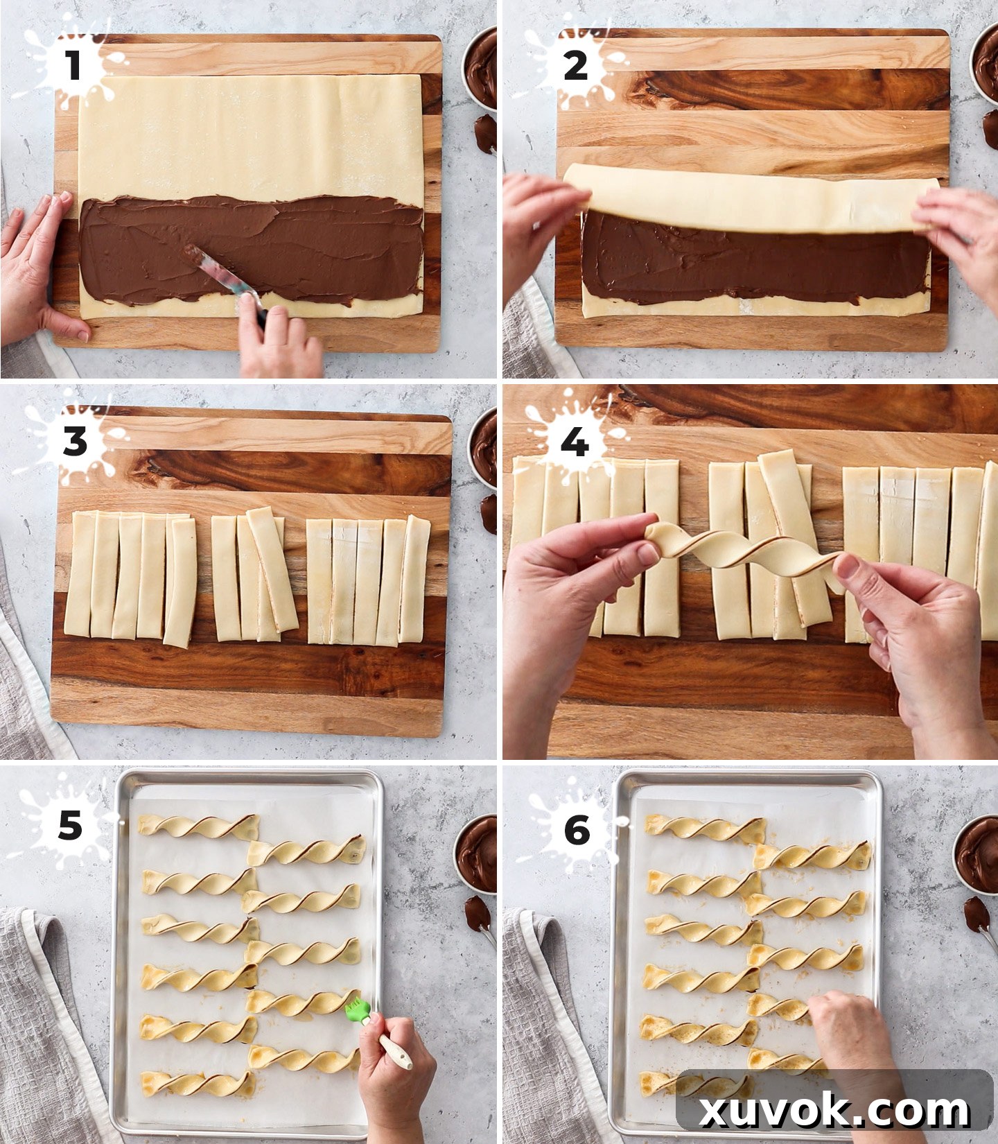A collage showing the step-by-step process of making Nutella puff pastry twists, from spreading Nutella to twisting the dough.
