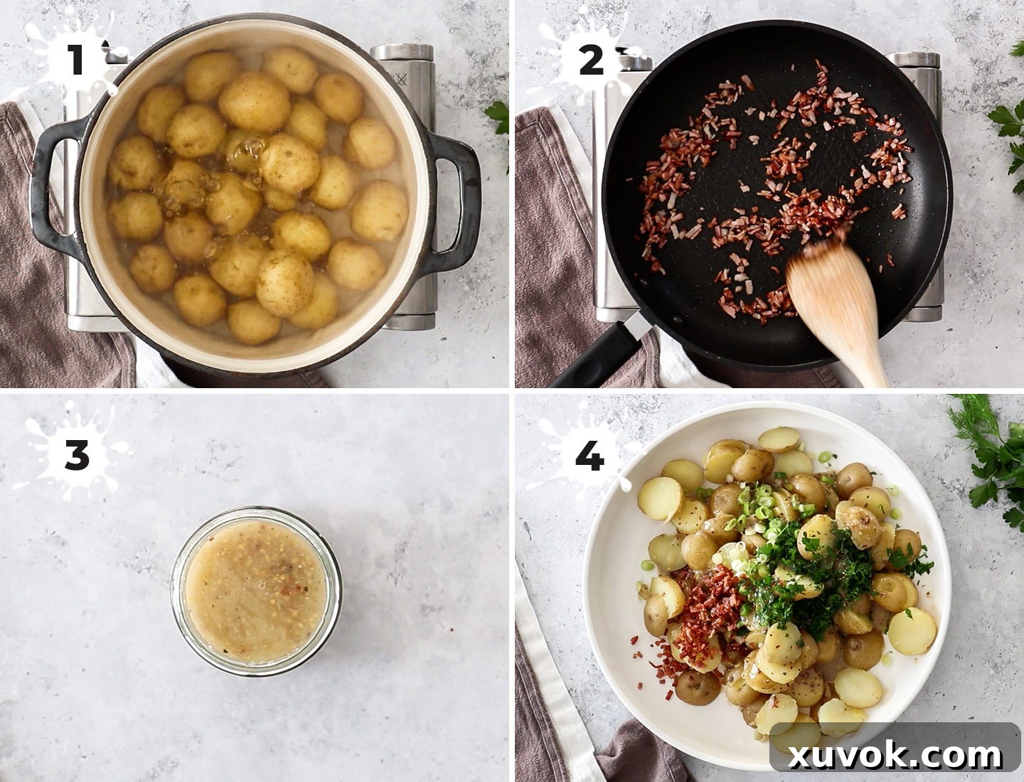 A four-panel collage showing the step-by-step process of making no mayo potato salad, from cooking potatoes to assembling the final dish.