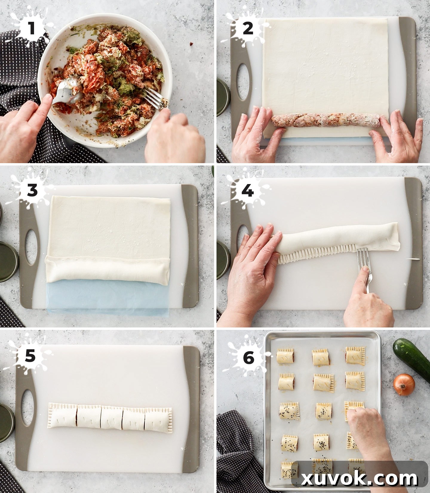 A collage of images showing the step-by-step process of making Italian sausage rolls, from mixing ingredients to rolling the pastry.
