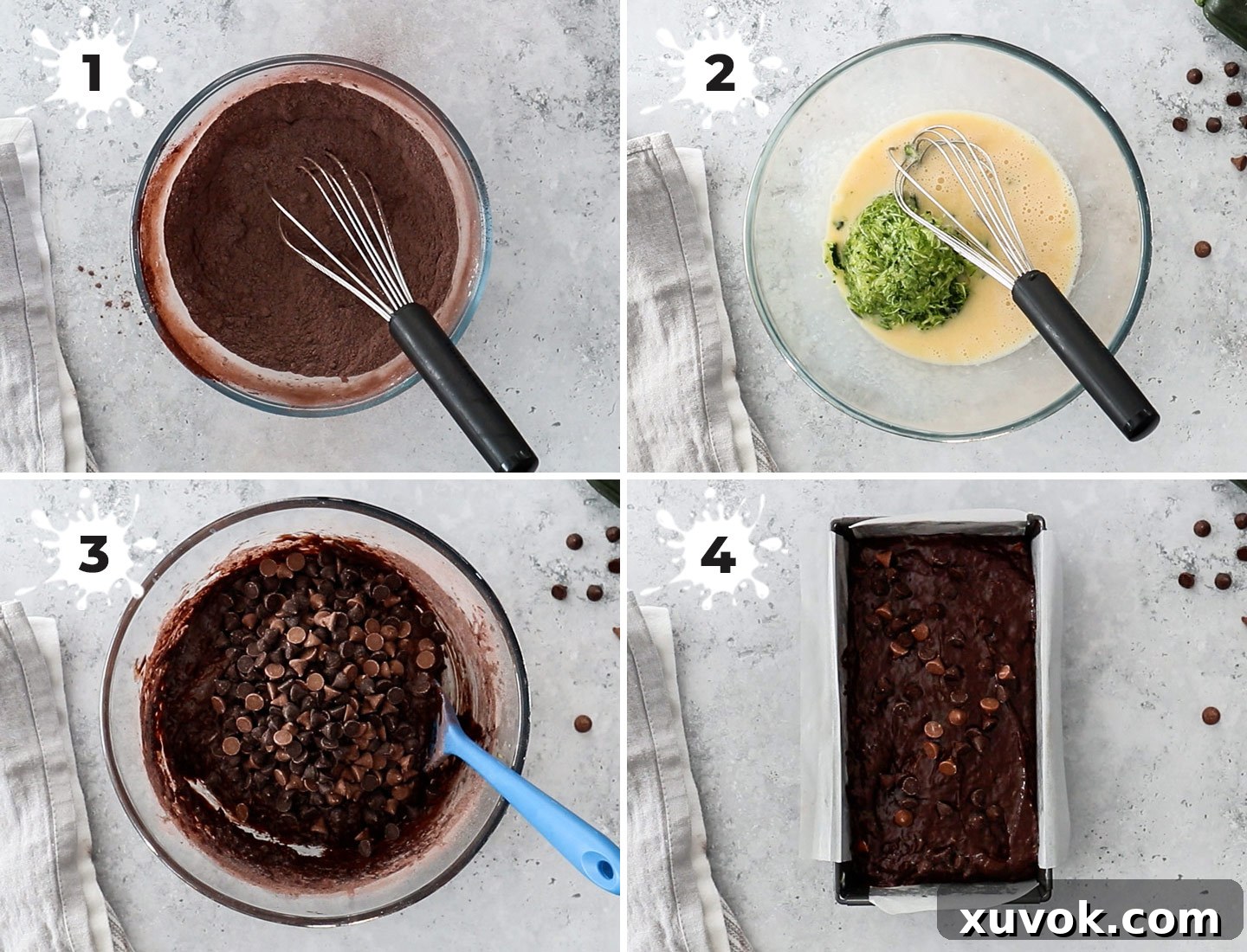 A visual collage illustrating the step-by-step process of making chocolate zucchini cake, from mixing ingredients to pouring into the pan.