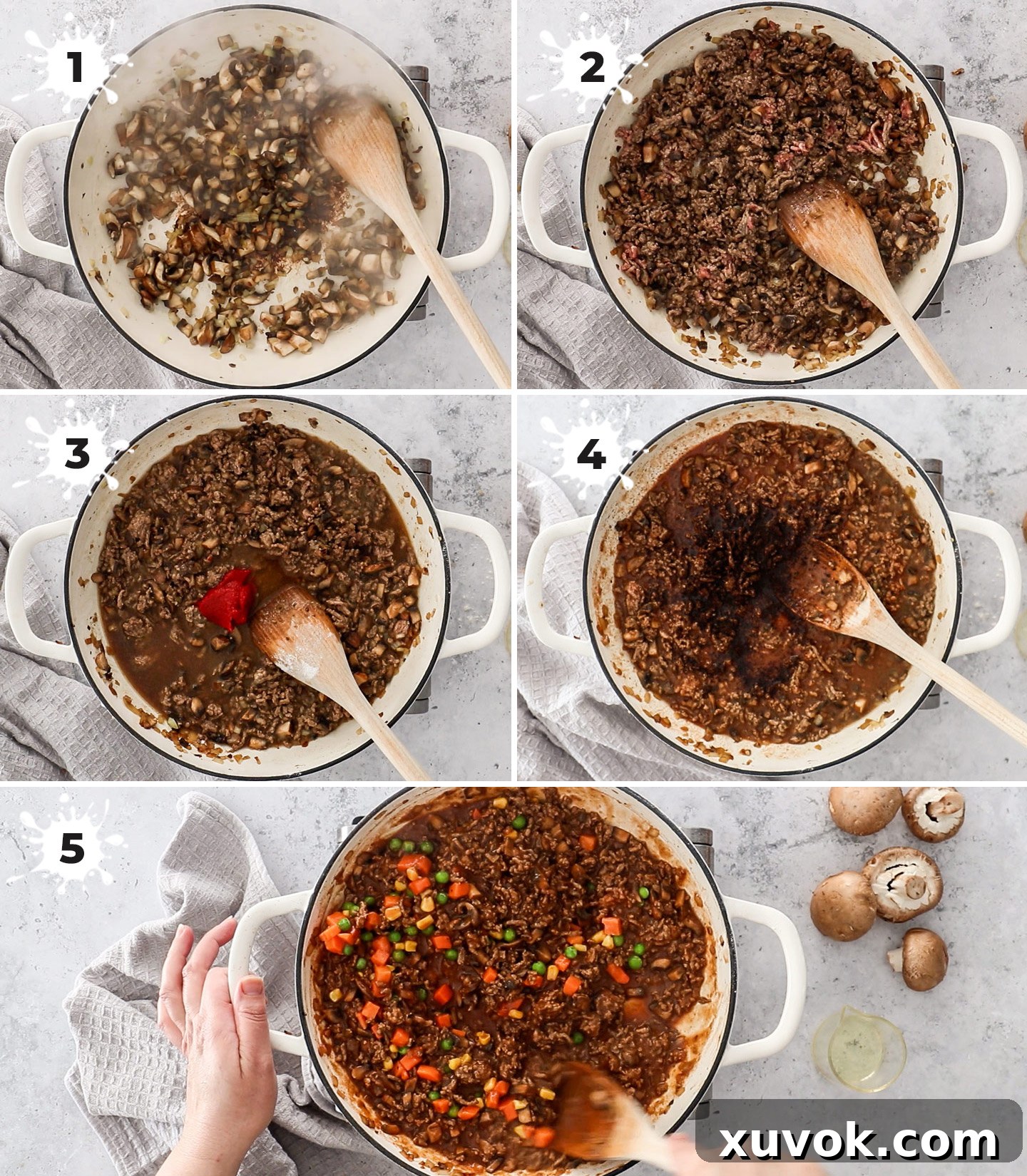 A step-by-step visual guide showing the process of making savoury mince.